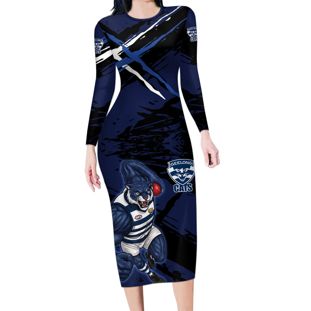Geelong Football Club Long Sleeve Bodycon Dress Cats Muscular Mascot Graphic - Abstract Paint Splatter Art