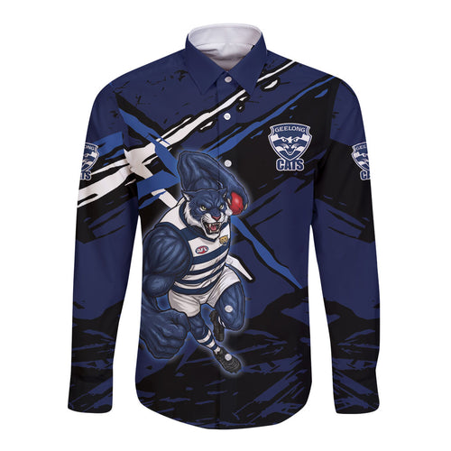 Geelong Football Club Long Sleeve Button Shirt Cats Muscular Mascot Graphic - Abstract Paint Splatter Art