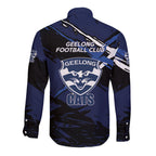 Geelong Football Club Long Sleeve Button Shirt Cats Muscular Mascot Graphic - Abstract Paint Splatter Art