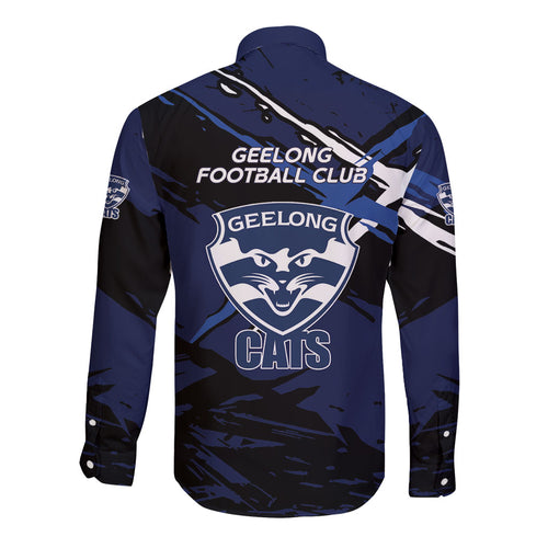 Geelong Football Club Long Sleeve Button Shirt Cats Muscular Mascot Graphic - Abstract Paint Splatter Art