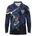 Geelong Football Club Long Sleeve Polo Shirt Cats Muscular Mascot Graphic - Abstract Paint Splatter Art