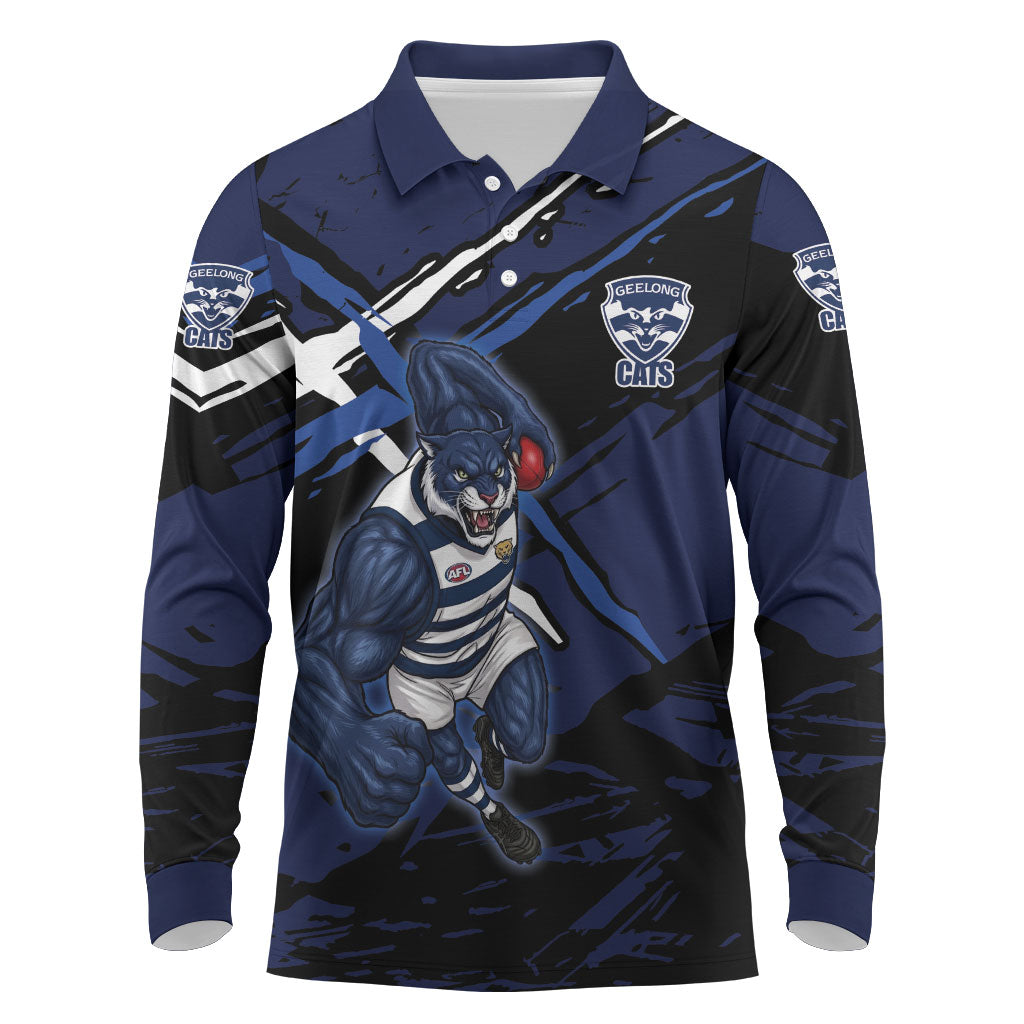 Geelong Football Club Long Sleeve Polo Shirt Cats Muscular Mascot Graphic - Abstract Paint Splatter Art