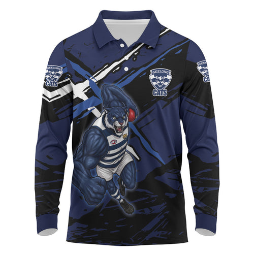 Geelong Football Club Long Sleeve Polo Shirt Cats Muscular Mascot Graphic - Abstract Paint Splatter Art
