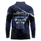 Geelong Football Club Long Sleeve Polo Shirt Cats Muscular Mascot Graphic - Abstract Paint Splatter Art