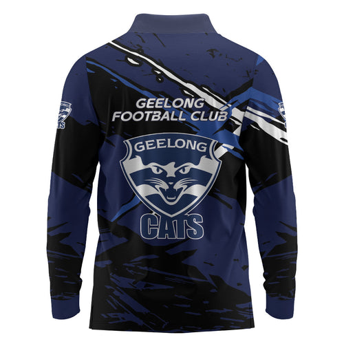Geelong Football Club Long Sleeve Polo Shirt Cats Muscular Mascot Graphic - Abstract Paint Splatter Art