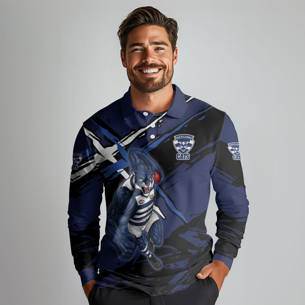 Geelong Football Club Long Sleeve Polo Shirt Cats Muscular Mascot Graphic - Abstract Paint Splatter Art