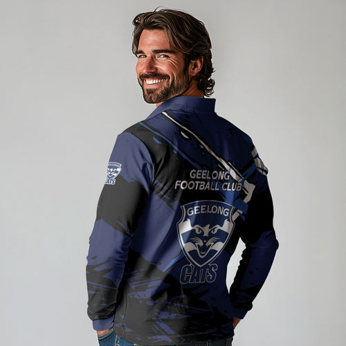 Geelong Football Club Long Sleeve Polo Shirt Cats Muscular Mascot Graphic - Abstract Paint Splatter Art