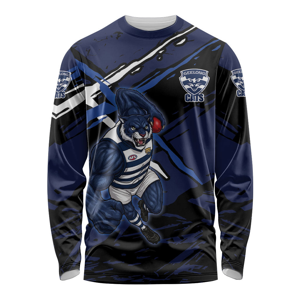 Geelong Football Club Long Sleeve Shirt Cats Muscular Mascot Graphic - Abstract Paint Splatter Art