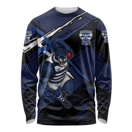Geelong Football Club Long Sleeve Shirt Cats Muscular Mascot Graphic - Abstract Paint Splatter Art