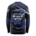 Geelong Football Club Long Sleeve Shirt Cats Muscular Mascot Graphic - Abstract Paint Splatter Art