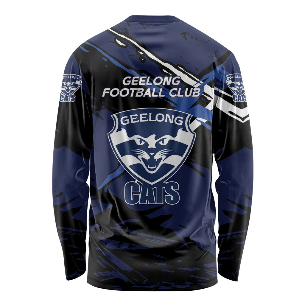 Geelong Football Club Long Sleeve Shirt Cats Muscular Mascot Graphic - Abstract Paint Splatter Art