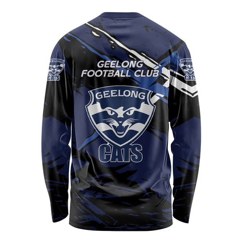 Geelong Football Club Long Sleeve Shirt Cats Muscular Mascot Graphic - Abstract Paint Splatter Art