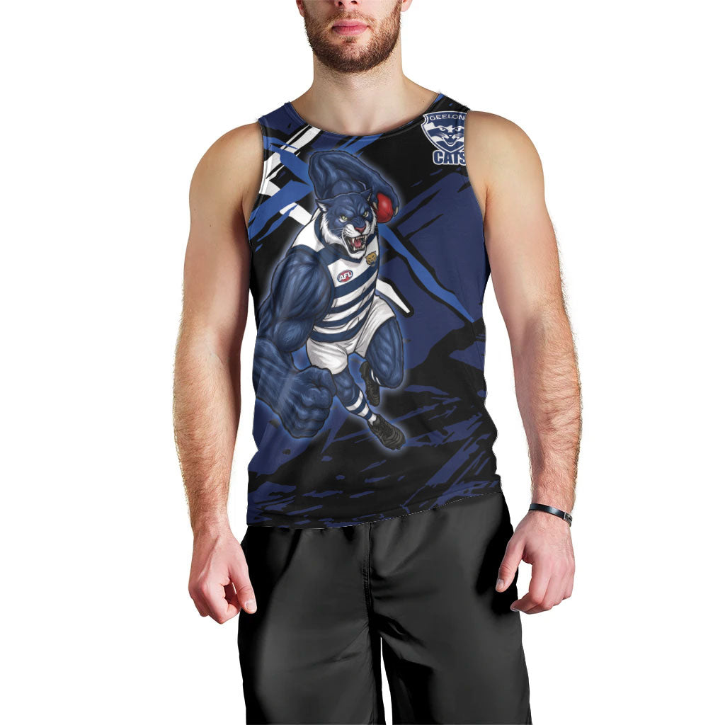 Geelong Football Club Men Tank Top Cats Muscular Mascot Graphic - Abstract Paint Splatter Art