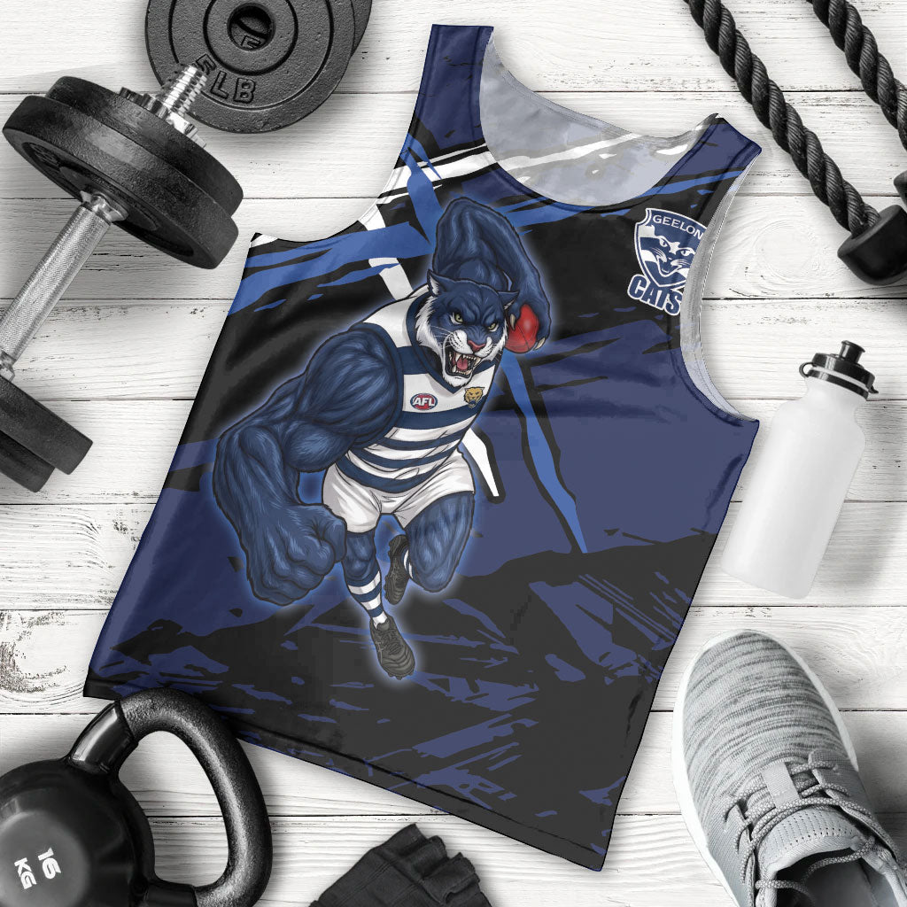 Geelong Football Club Men Tank Top Cats Muscular Mascot Graphic - Abstract Paint Splatter Art