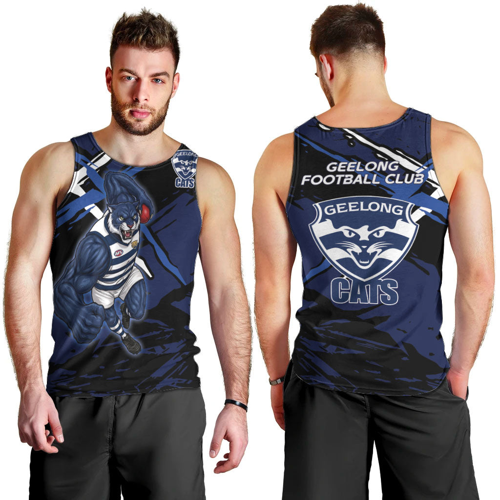 Geelong Football Club Men Tank Top Cats Muscular Mascot Graphic - Abstract Paint Splatter Art