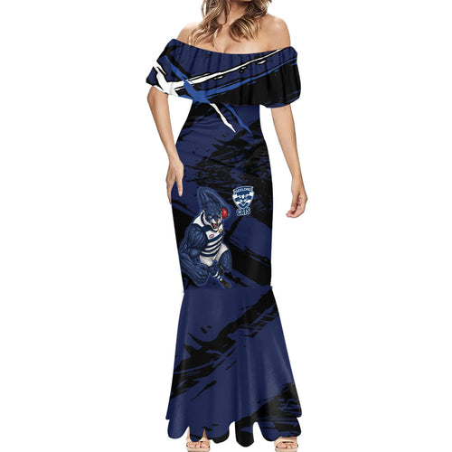 Geelong Football Club Mermaid Dress Cats Muscular Mascot Graphic - Abstract Paint Splatter Art