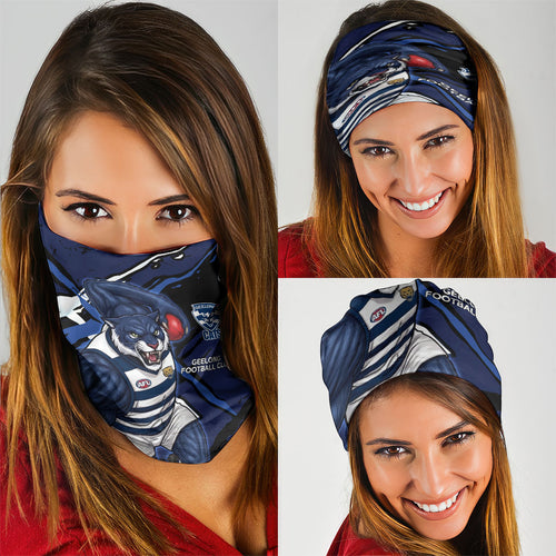 Geelong Football Club Neck Gaiter Cats Muscular Mascot Graphic - Abstract Paint Splatter Art
