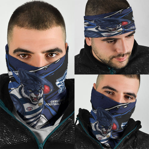 Geelong Football Club Neck Gaiter Cats Muscular Mascot Graphic - Abstract Paint Splatter Art