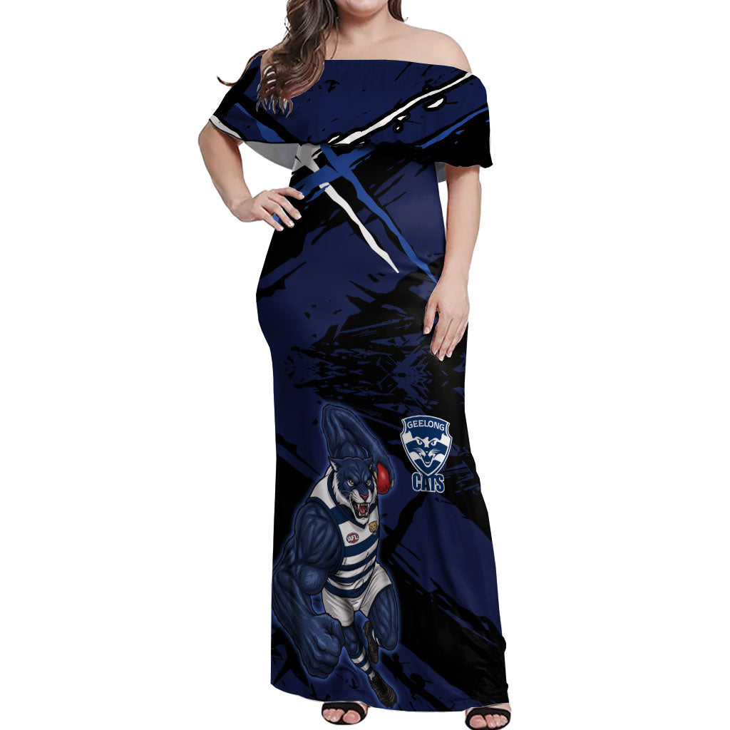 Geelong Football Club Off Shoulder Maxi Dress Cats Muscular Mascot Graphic - Abstract Paint Splatter Art