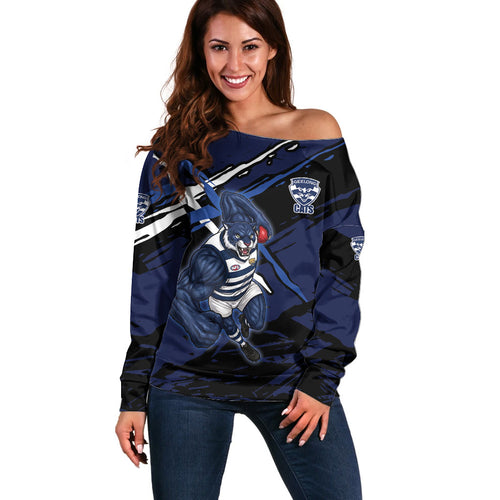 Geelong Football Club Off Shoulder Sweater Cats Muscular Mascot Graphic - Abstract Paint Splatter Art