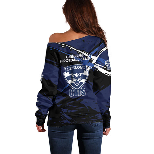 Geelong Football Club Off Shoulder Sweater Cats Muscular Mascot Graphic - Abstract Paint Splatter Art