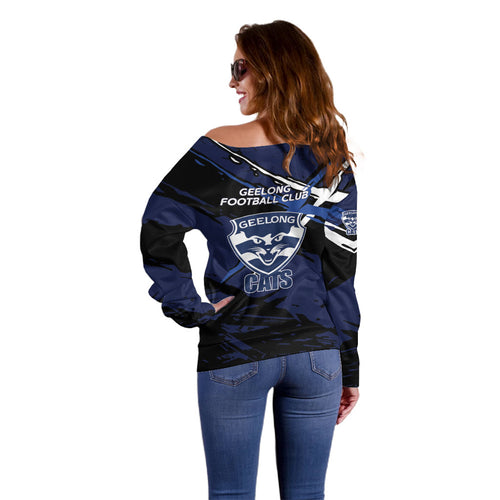 Geelong Football Club Off Shoulder Sweater Cats Muscular Mascot Graphic - Abstract Paint Splatter Art