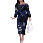 Geelong Football Club Off The Shoulder Long Sleeve Dress Cats Muscular Mascot Graphic - Abstract Paint Splatter Art