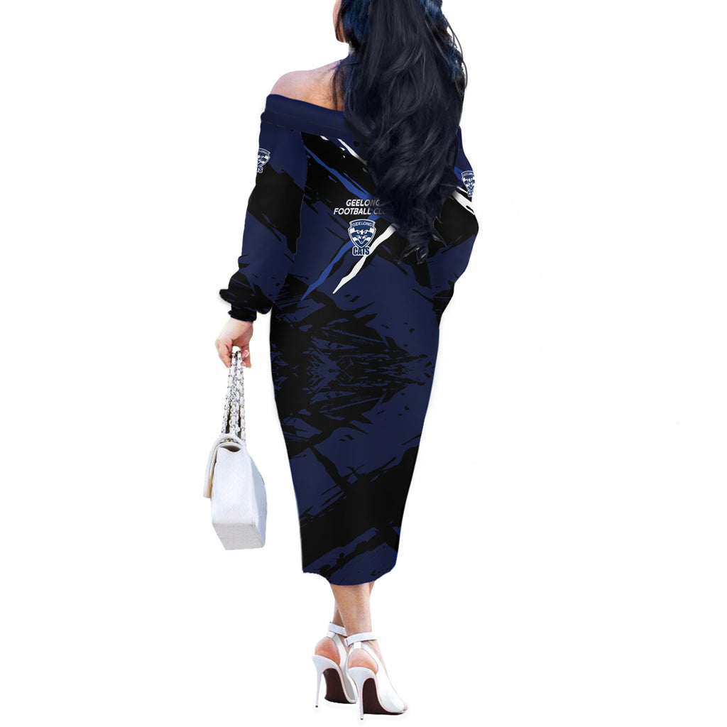 Geelong Football Club Off The Shoulder Long Sleeve Dress Cats Muscular Mascot Graphic - Abstract Paint Splatter Art