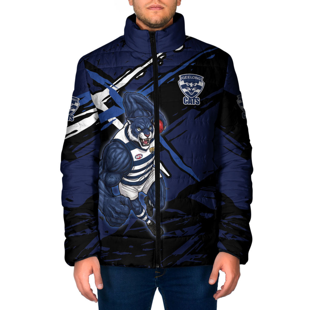 Geelong Football Club Padded Jacket Cats Muscular Mascot Graphic - Abstract Paint Splatter Art