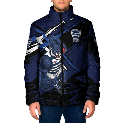 Geelong Football Club Padded Jacket Cats Muscular Mascot Graphic - Abstract Paint Splatter Art