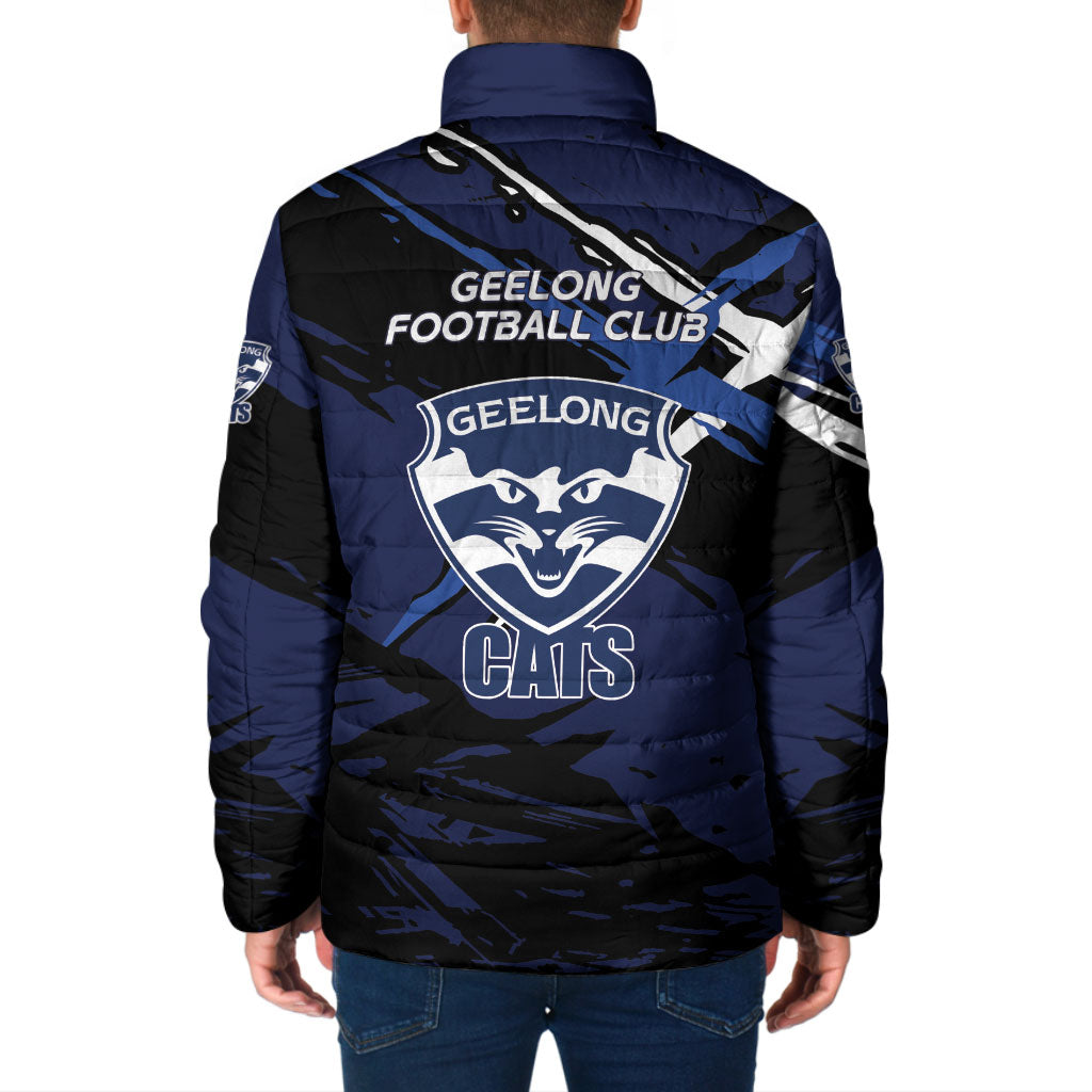 Geelong Football Club Padded Jacket Cats Muscular Mascot Graphic - Abstract Paint Splatter Art
