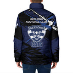 Geelong Football Club Padded Jacket Cats Muscular Mascot Graphic - Abstract Paint Splatter Art
