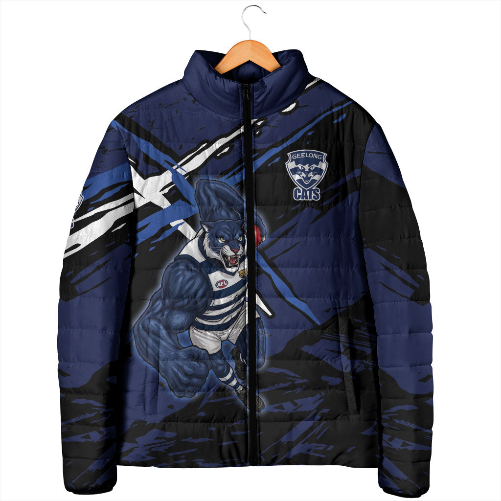 Geelong Football Club Padded Jacket Cats Muscular Mascot Graphic - Abstract Paint Splatter Art