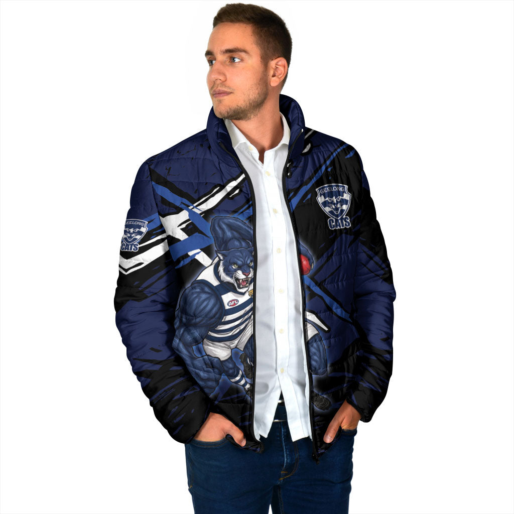 Geelong Football Club Padded Jacket Cats Muscular Mascot Graphic - Abstract Paint Splatter Art