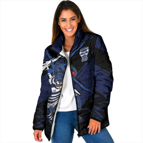 Geelong Football Club Padded Jacket Cats Muscular Mascot Graphic - Abstract Paint Splatter Art