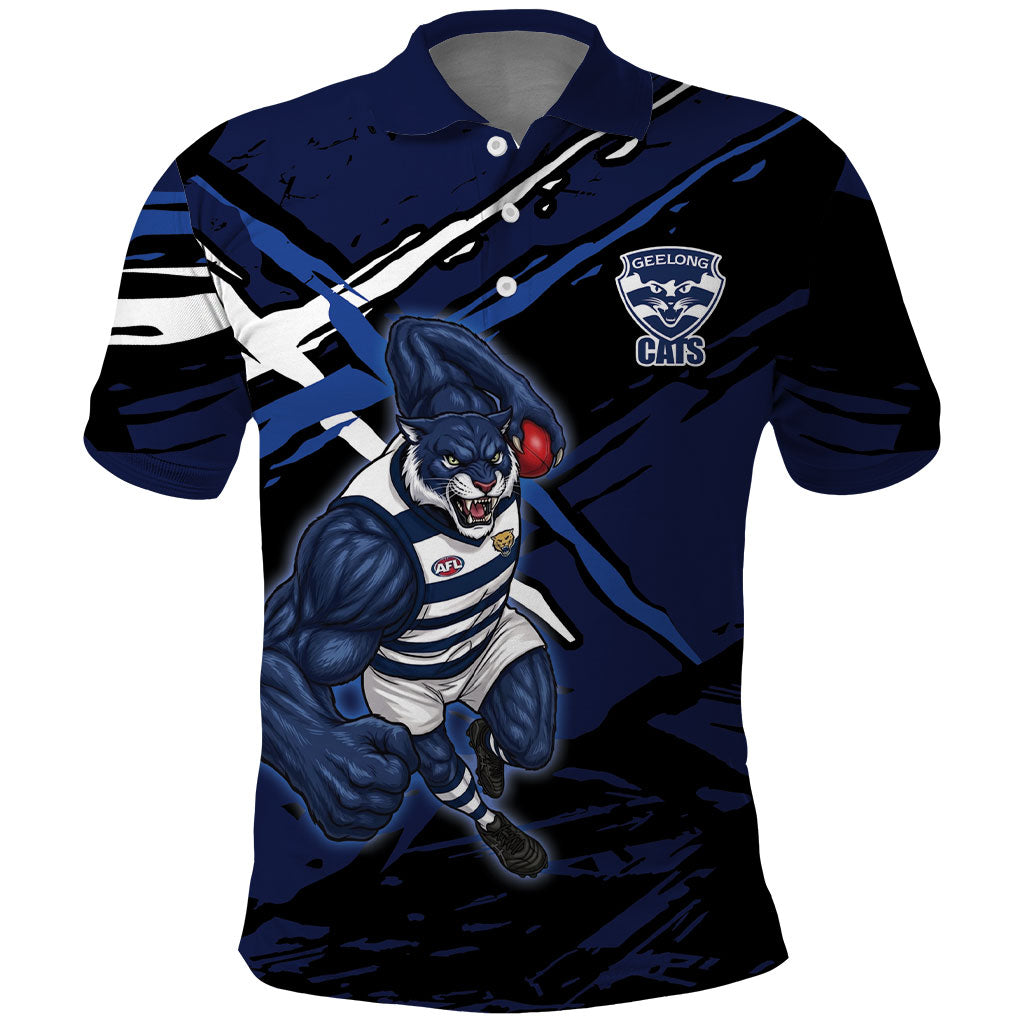 Geelong Football Club Polo Shirt Cats Muscular Mascot Graphic - Abstract Paint Splatter Art
