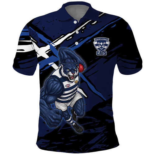 Geelong Football Club Polo Shirt Cats Muscular Mascot Graphic - Abstract Paint Splatter Art