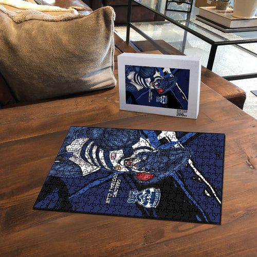 Geelong Football Club Puzzle Cats Muscular Mascot Graphic - Abstract Paint Splatter Art