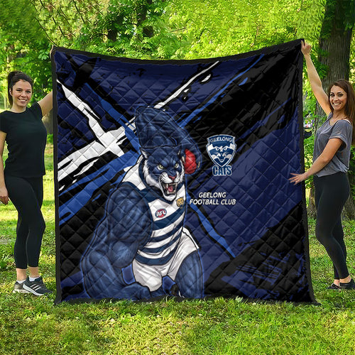 Geelong Football Club Quilt Cats Muscular Mascot Graphic - Abstract Paint Splatter Art