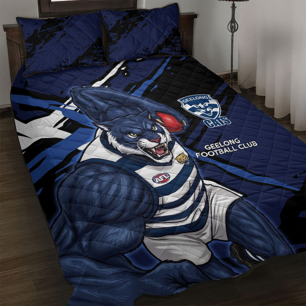 Geelong Football Club Quilt Bed Set Cats Muscular Mascot Graphic - Abstract Paint Splatter Art