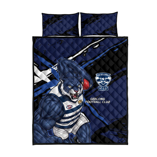 Geelong Football Club Quilt Bed Set Cats Muscular Mascot Graphic - Abstract Paint Splatter Art
