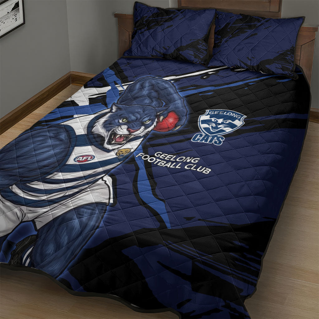 Geelong Football Club Quilt Bed Set Cats Muscular Mascot Graphic - Abstract Paint Splatter Art