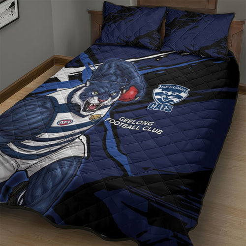 Geelong Football Club Quilt Bed Set Cats Muscular Mascot Graphic - Abstract Paint Splatter Art