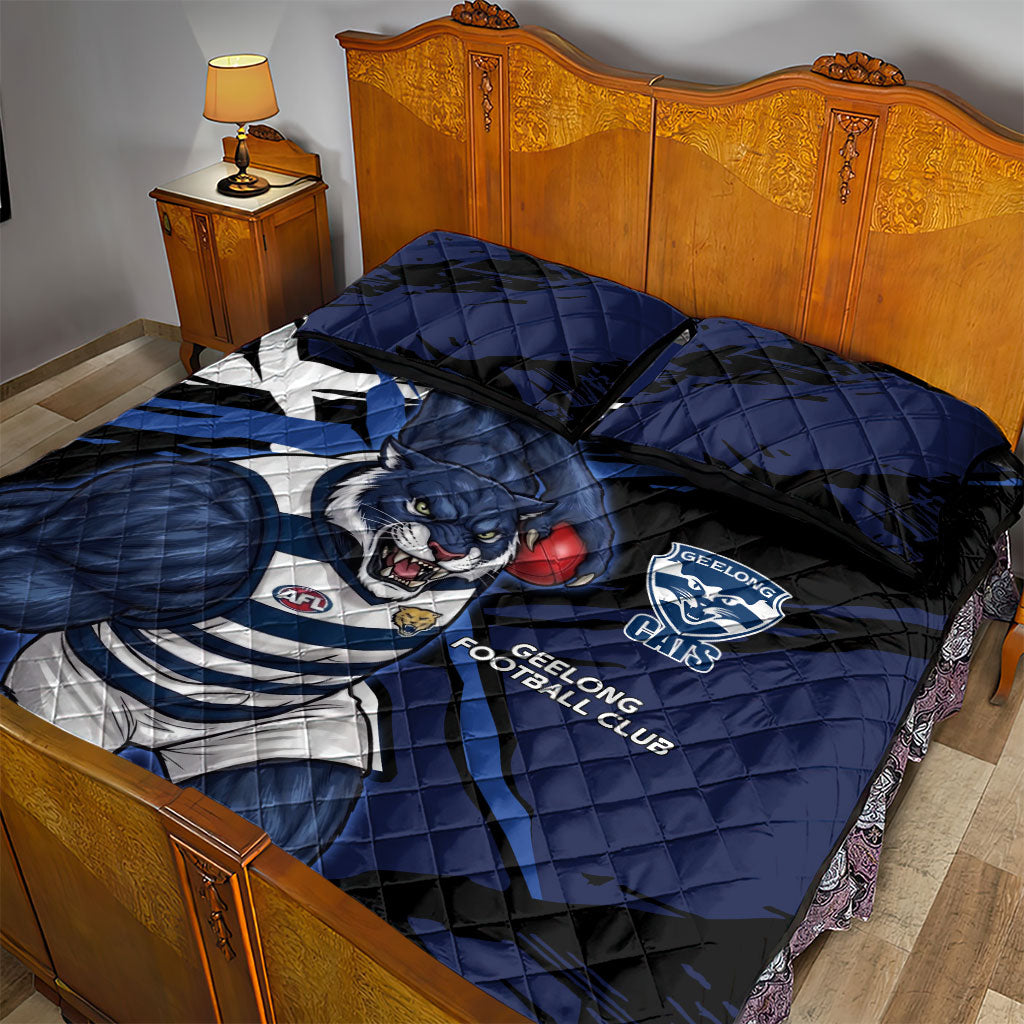 Geelong Football Club Quilt Bed Set Cats Muscular Mascot Graphic - Abstract Paint Splatter Art