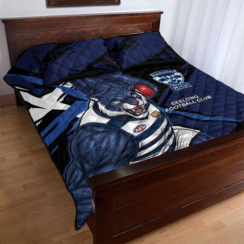 Geelong Football Club Quilt Bed Set Cats Muscular Mascot Graphic - Abstract Paint Splatter Art