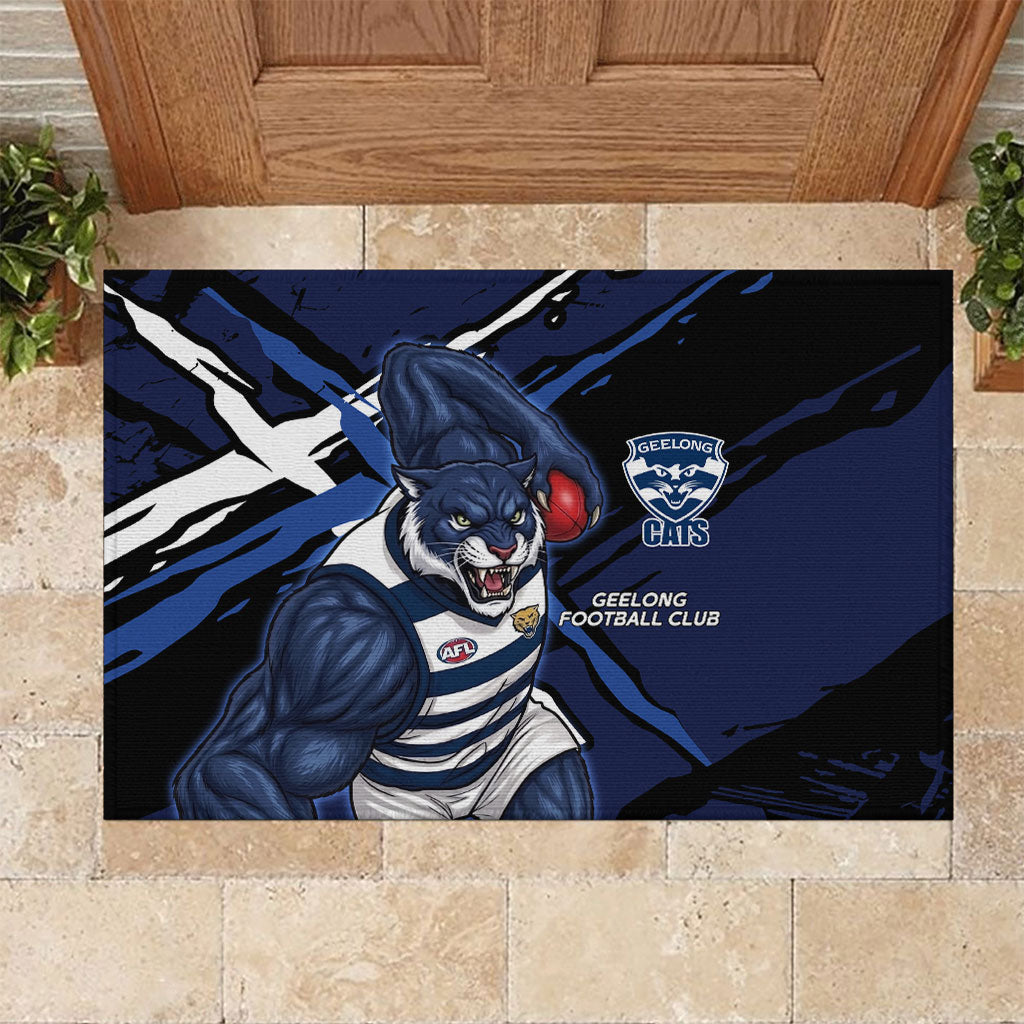 Geelong Football Club Rubber Doormat Cats Muscular Mascot Graphic - Abstract Paint Splatter Art