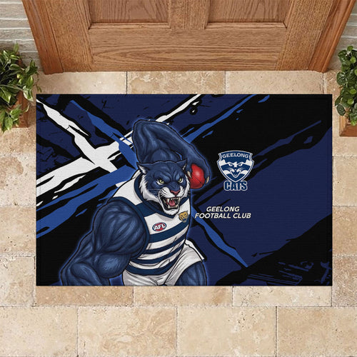 Geelong Football Club Rubber Doormat Cats Muscular Mascot Graphic - Abstract Paint Splatter Art