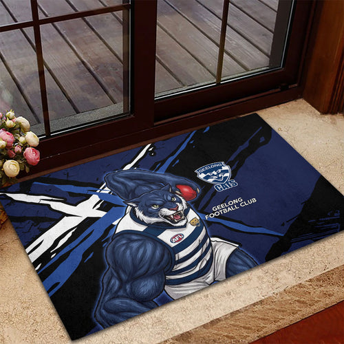 Geelong Football Club Rubber Doormat Cats Muscular Mascot Graphic - Abstract Paint Splatter Art