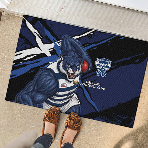 Geelong Football Club Rubber Doormat Cats Muscular Mascot Graphic - Abstract Paint Splatter Art