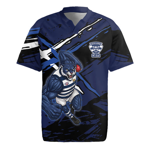 Geelong Football Club Rugby Jersey Cats Muscular Mascot Graphic - Abstract Paint Splatter Art